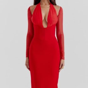Yasmin Scarlet Plunge Midi Dress - Image 5
