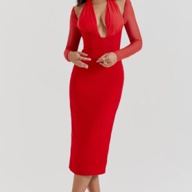Yasmin Scarlet Plunge Midi Dress - Image 8