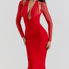 Yasmin Scarlet Plunge Midi Dress - Image 10