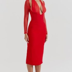 Yasmin Scarlet Plunge Midi Dress - Image 11