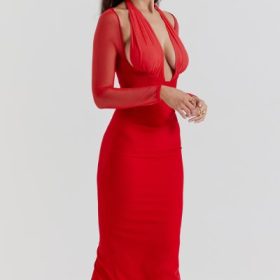 Yasmin Scarlet Plunge Midi Dress - Image 12