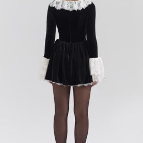 Czarina Black Velvet Lace Trimmed Mini Dress
