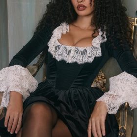 Czarina Black Velvet Lace Trimmed Mini Dress - Image 6