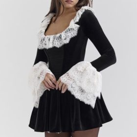 Czarina Black Velvet Lace Trimmed Mini Dress - Image 8