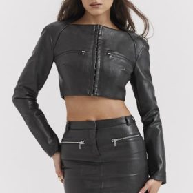 Ione Black Vegan Leather Cropped Top - Image 5