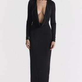 Saskia Black Draped Maxi Dress - Image 7