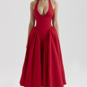 Marilyn Red Twill Halter Midi Dress - Image 5