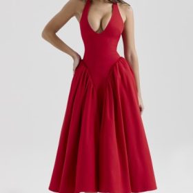 Marilyn Red Twill Halter Midi Dress - Image 7