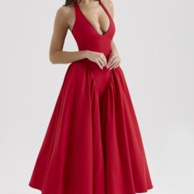 Marilyn Red Twill Halter Midi Dress - Image 9