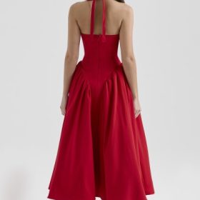 Marilyn Red Twill Halter Midi Dress - Image 11