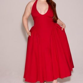 Marilyn Red Twill Halter Midi Dress - Image 13