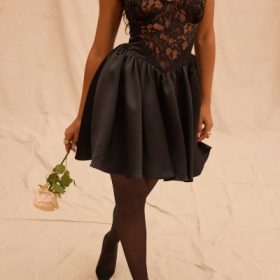 Jadore Black Lace and Satin Strapless Mini Dress - Image 15