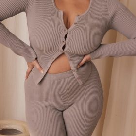 Sylvia Taupe Ribbed Knit Cardigan - Image 5