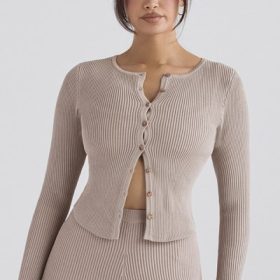 Sylvia Taupe Ribbed Knit Cardigan - Image 6