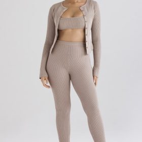 Sylvia Taupe Ribbed Knit Cardigan - Image 7