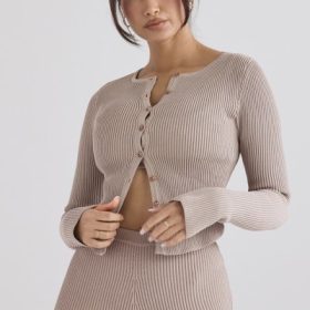 Sylvia Taupe Ribbed Knit Cardigan - Image 8