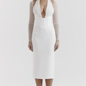 Yasmin White Plunge Midi Dress - Image 7