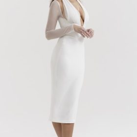 Yasmin White Plunge Midi Dress - Image 10