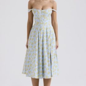 Saira Soft Blue Vintage Floral Print Cotton Midi Sundress - Image 5