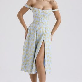 Saira Soft Blue Vintage Floral Print Cotton Midi Sundress - Image 7