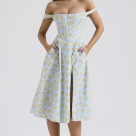 Saira Soft Blue Vintage Floral Print Cotton Midi Sundress - Image 8