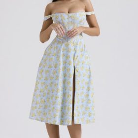 Saira Soft Blue Vintage Floral Print Cotton Midi Sundress - Image 9