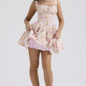 Natassia Pink Meadow Print Cotton Mini Dress - Image 7