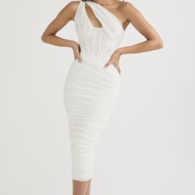 Valentina Ivory Asymmetric Cutout Midi Dress - Image 9