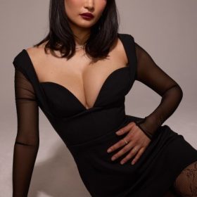 Angelie Black Stretch Crepe Plunge Mini Dress