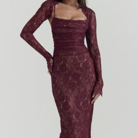 Gaia Claret Lace Midi Dress - Image 5