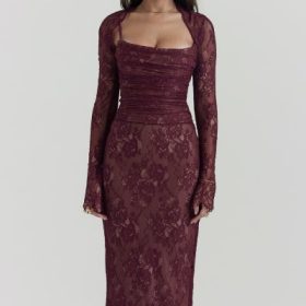 Gaia Claret Lace Midi Dress - Image 6
