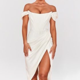 Loretta Ivory Satin Off Shoulder Dress - Image 5