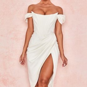 Loretta Ivory Satin Off Shoulder Dress - Image 8