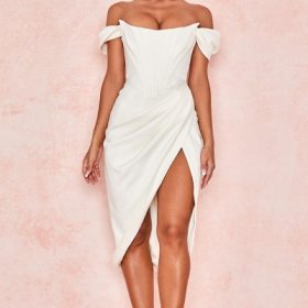 Loretta Ivory Satin Off Shoulder Dress - Image 9