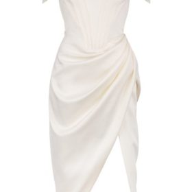 Loretta Ivory Satin Off Shoulder Dress - Image 18