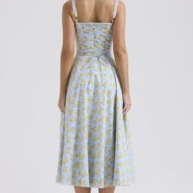 Carmen Soft Blue Vintage Floral Print Cotton Bustier Sundress