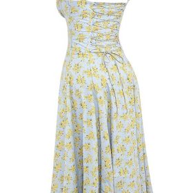 Carmen Soft Blue Vintage Floral Print Cotton Bustier Sundress - Image 3