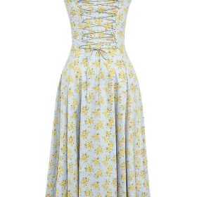 Carmen Soft Blue Vintage Floral Print Cotton Bustier Sundress - Image 4