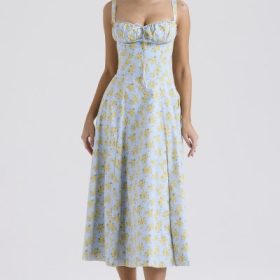 Carmen Soft Blue Vintage Floral Print Cotton Bustier Sundress - Image 5