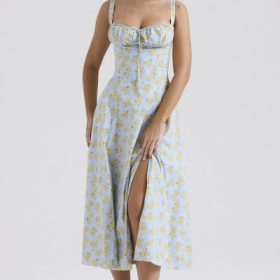 Carmen Soft Blue Vintage Floral Print Cotton Bustier Sundress - Image 6