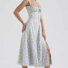 Carmen Soft Blue Vintage Floral Print Cotton Bustier Sundress - Image 7