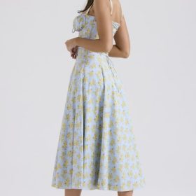 Carmen Soft Blue Vintage Floral Print Cotton Bustier Sundress - Image 8