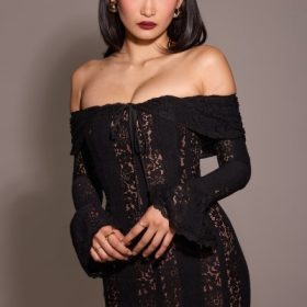 Belle Black Off Shoulder Floral Lace Maxi Dress