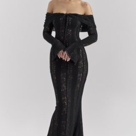 Belle Black Off Shoulder Floral Lace Maxi Dress - Image 5