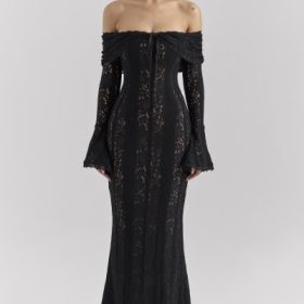 Belle Black Off Shoulder Floral Lace Maxi Dress - Image 7