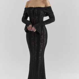 Belle Black Off Shoulder Floral Lace Maxi Dress - Image 8