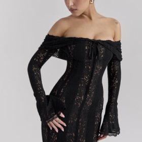 Belle Black Off Shoulder Floral Lace Maxi Dress - Image 9