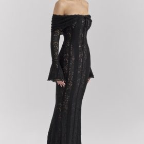 Belle Black Off Shoulder Floral Lace Maxi Dress - Image 10