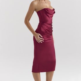 Santana Berry Satin Strapless Midi Dress - Image 8