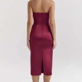 Santana Berry Satin Strapless Midi Dress - Image 10
